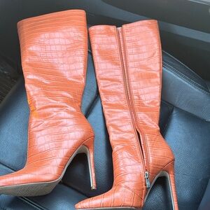 Chic Orange Croc-Embossed Heeled Boots